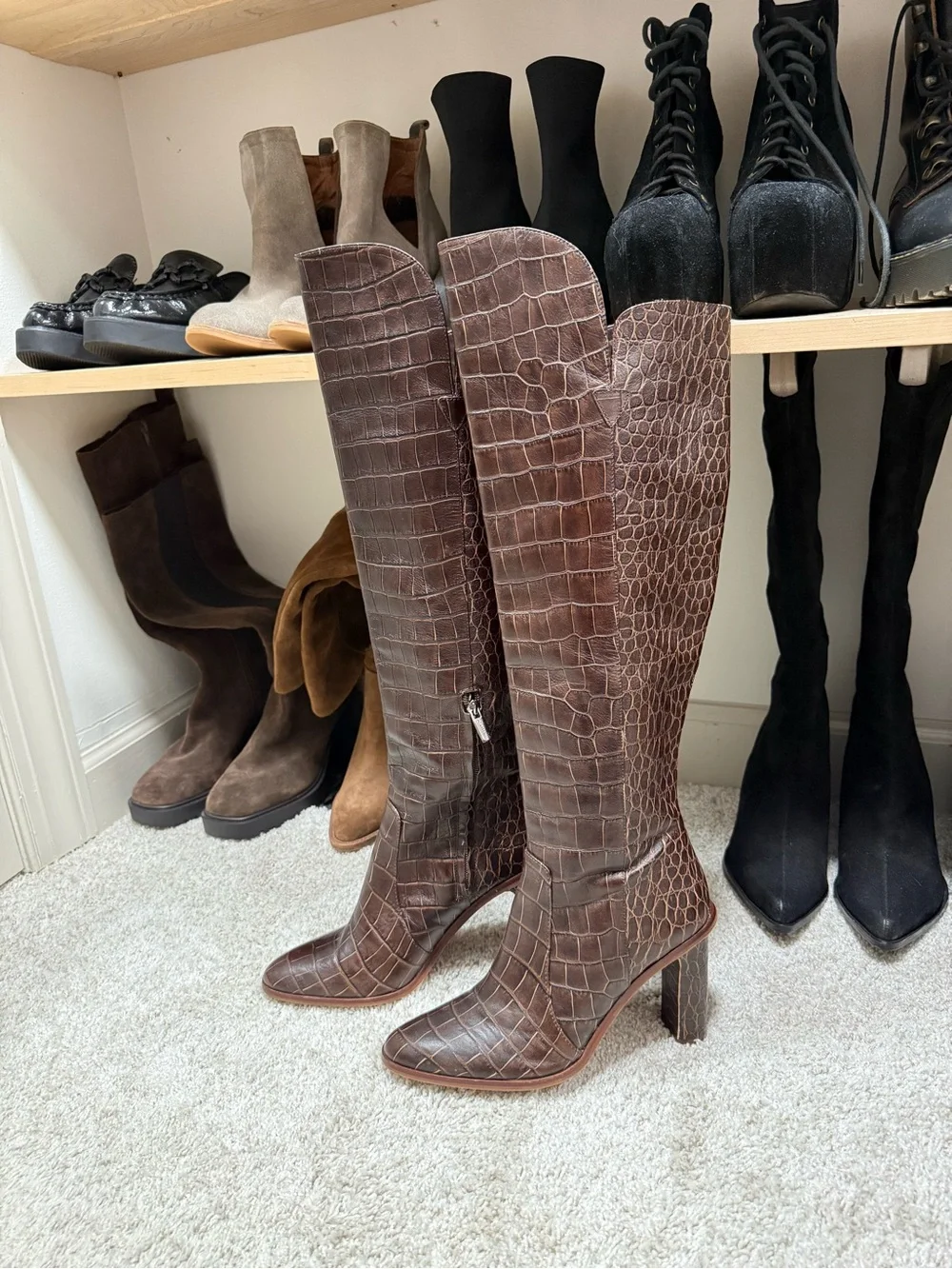 Vince Camuto Dark Brown Croc-Embossed Over-the-Knee Block Heel Boots